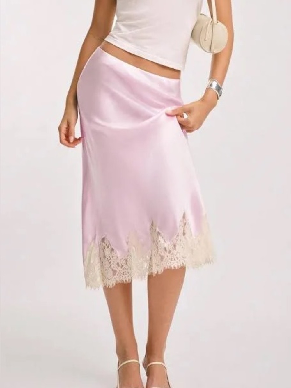 Pink satin lace trim midi skirt 🌸